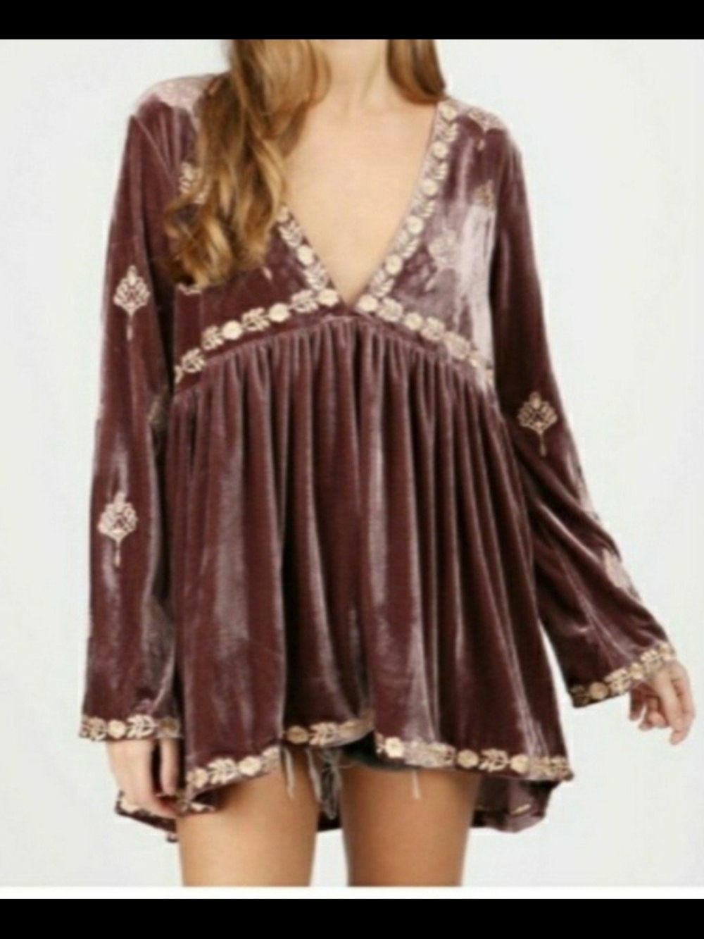 NWOT. POL Velvet Boho Embroidered V-Neck Tunic Top - Rich Chocolate